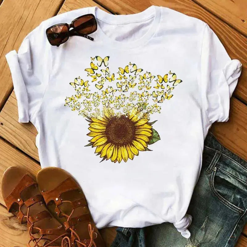 Maycaur Women's T-shirt Casual Kawaii Sunflower Butterfly Pattern Print Tshirt Comfortable Casual Women's Clothing Black Top - Suncollections