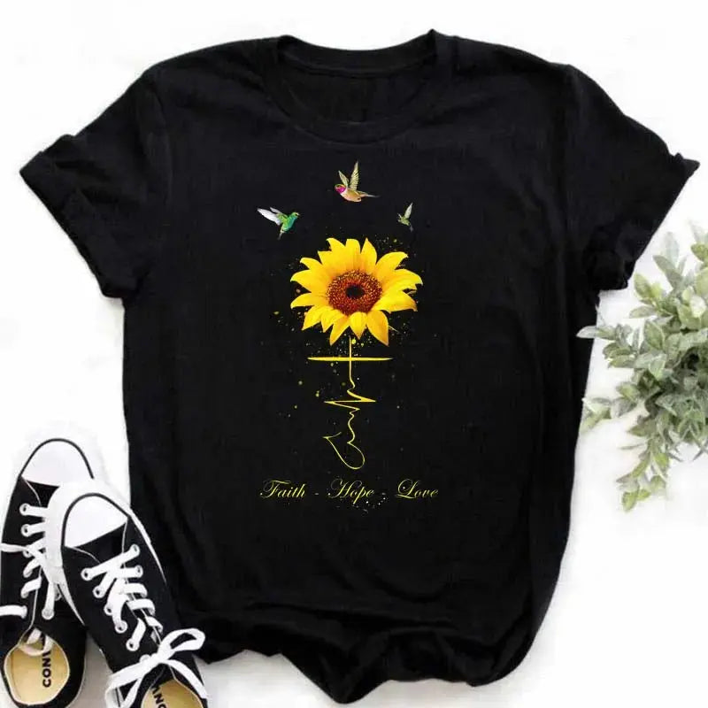 Maycaur Women's T-shirt Casual Kawaii Sunflower Butterfly Pattern Print Tshirt Comfortable Casual Women's Clothing Black Top - Suncollections