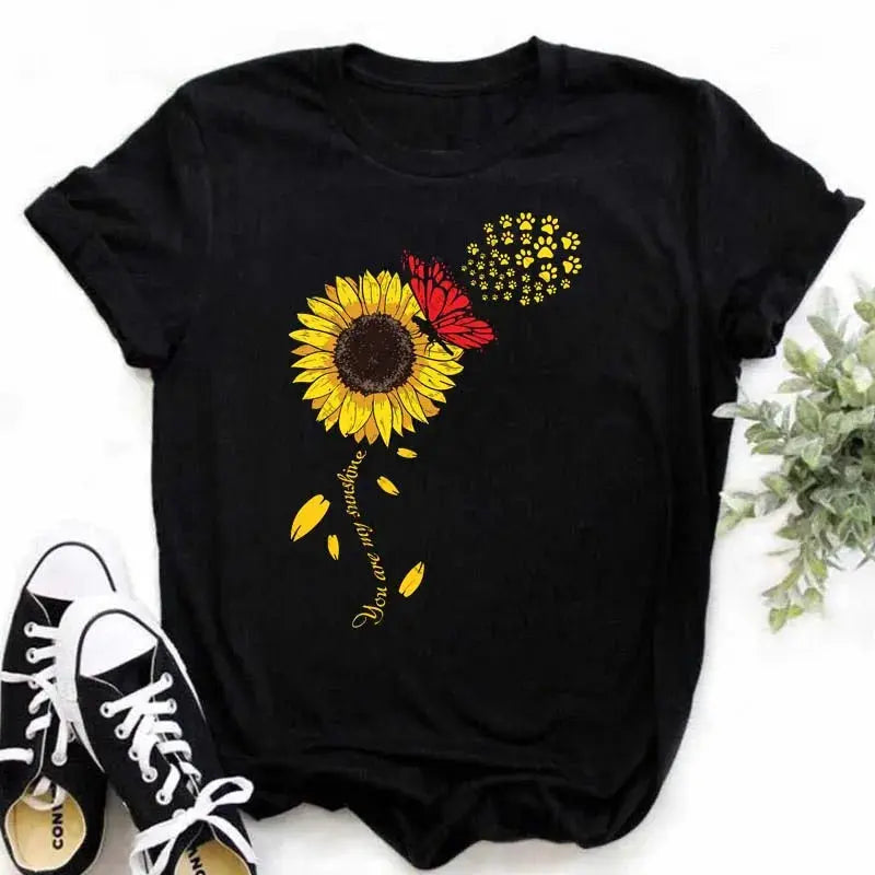 Maycaur Women's T-shirt Casual Kawaii Sunflower Butterfly Pattern Print Tshirt Comfortable Casual Women's Clothing Black Top - Suncollections