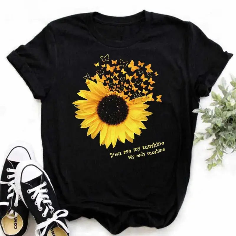Maycaur Women's T-shirt Casual Kawaii Sunflower Butterfly Pattern Print Tshirt Comfortable Casual Women's Clothing Black Top - Suncollections