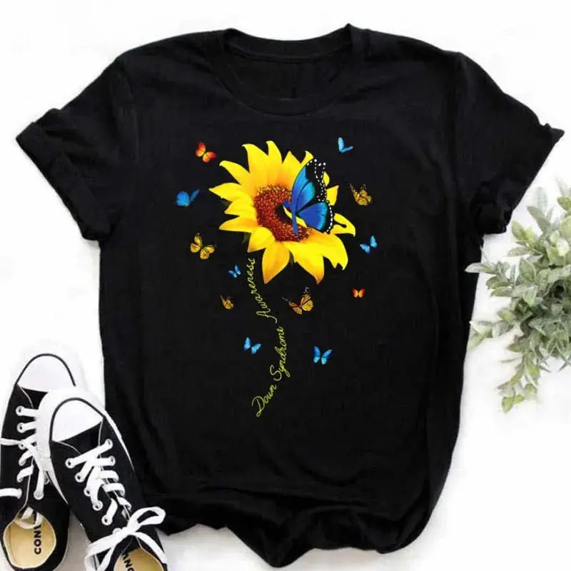 Maycaur Women's T-shirt Casual Kawaii Sunflower Butterfly Pattern Print Tshirt Comfortable Casual Women's Clothing Black Top - Suncollections