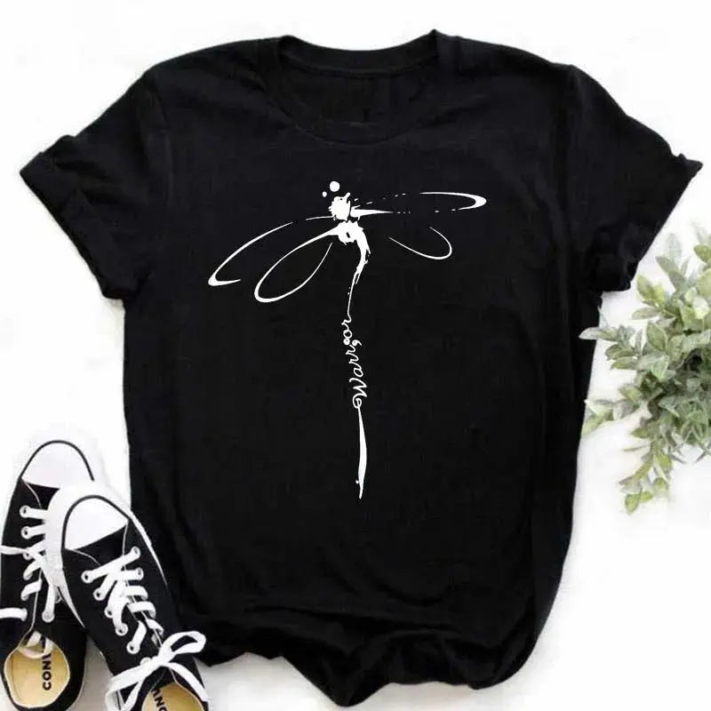 Maycaur Women's T-shirt Casual Kawaii Sunflower Butterfly Pattern Print Tshirt Comfortable Casual Women's Clothing Black Top - Suncollections