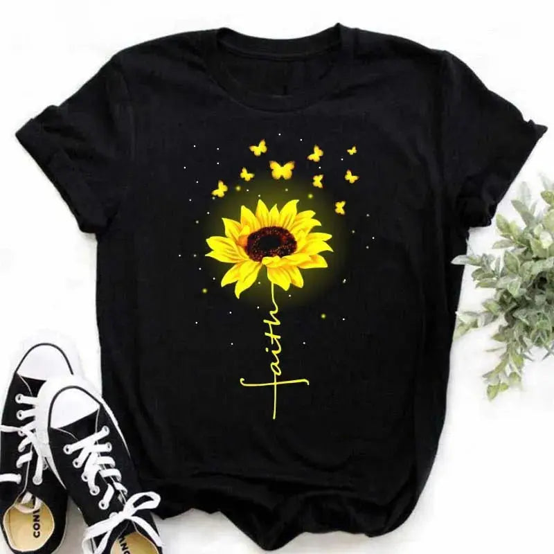 Maycaur Women's T-shirt Casual Kawaii Sunflower Butterfly Pattern Print Tshirt Comfortable Casual Women's Clothing Black Top - Suncollections
