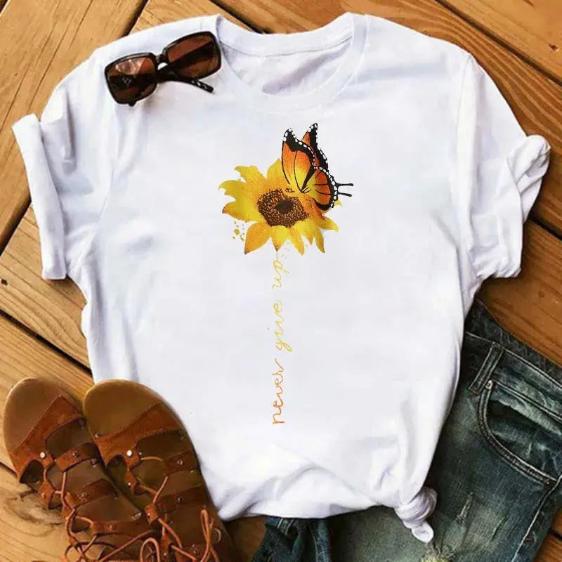 Maycaur Women's T-shirt Casual Kawaii Sunflower Butterfly Pattern Print Tshirt Comfortable Casual Women's Clothing Black Top - Suncollections