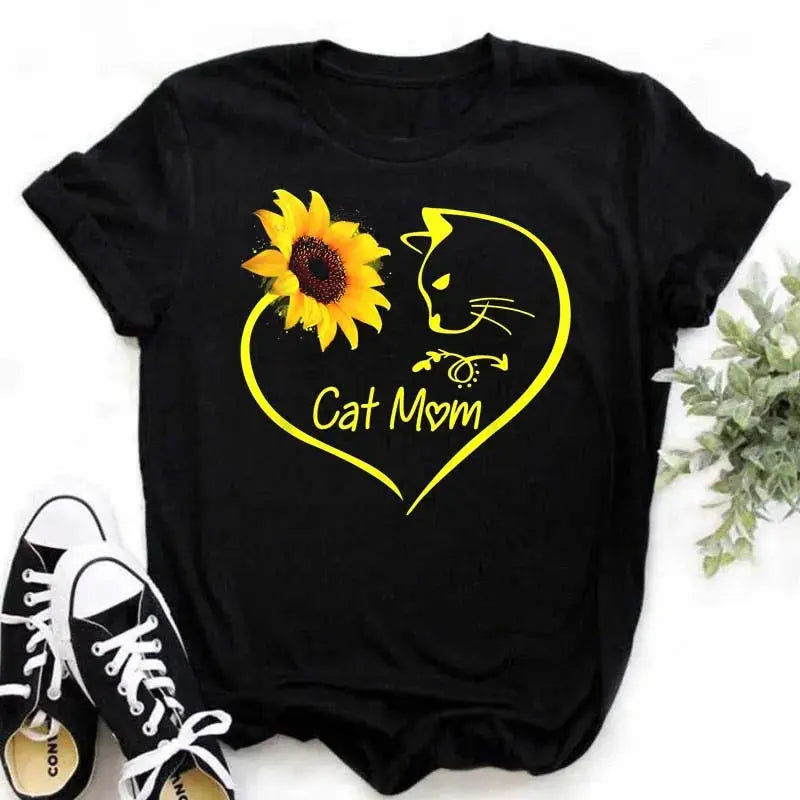 Maycaur Women's T-shirt Casual Kawaii Sunflower Butterfly Pattern Print Tshirt Comfortable Casual Women's Clothing Black Top - Suncollections