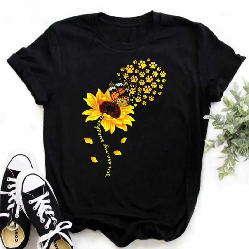 Maycaur Women's T-shirt Casual Kawaii Sunflower Butterfly Pattern Print Tshirt Comfortable Casual Women's Clothing Black Top - Suncollections