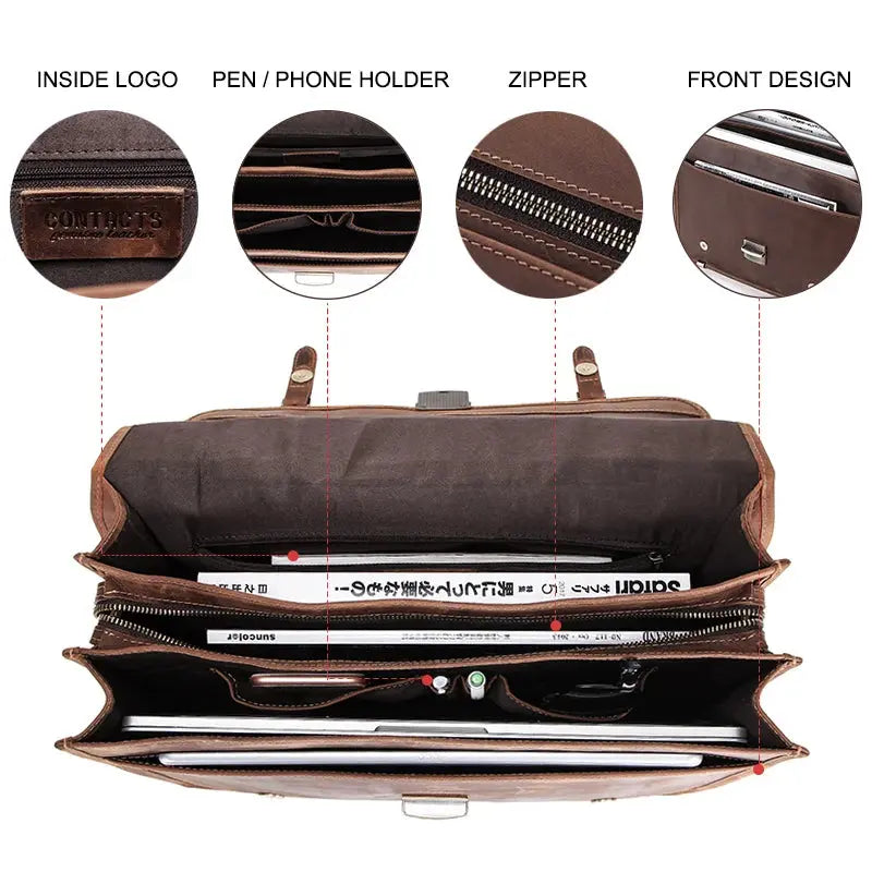 CONTACT'S Men's Bag Crazy Horse Leather Briefcase Men Business Bag for 14" Laptop Quality Leather Shoulder Messenger Bags Male - Suncollections