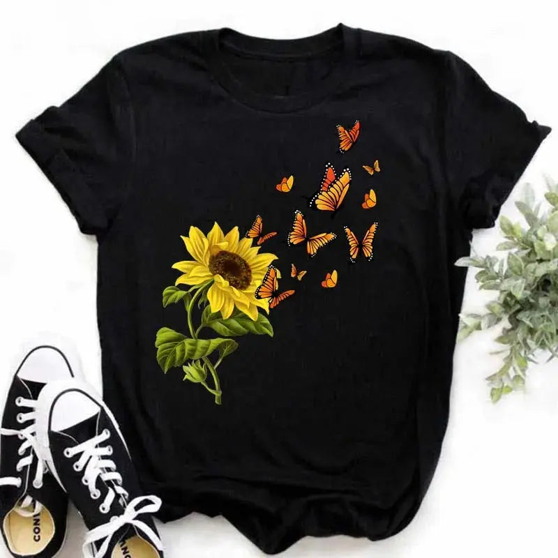 Maycaur Women's T-shirt Casual Kawaii Sunflower Butterfly Pattern Print Tshirt Comfortable Casual Women's Clothing Black Top - Suncollections