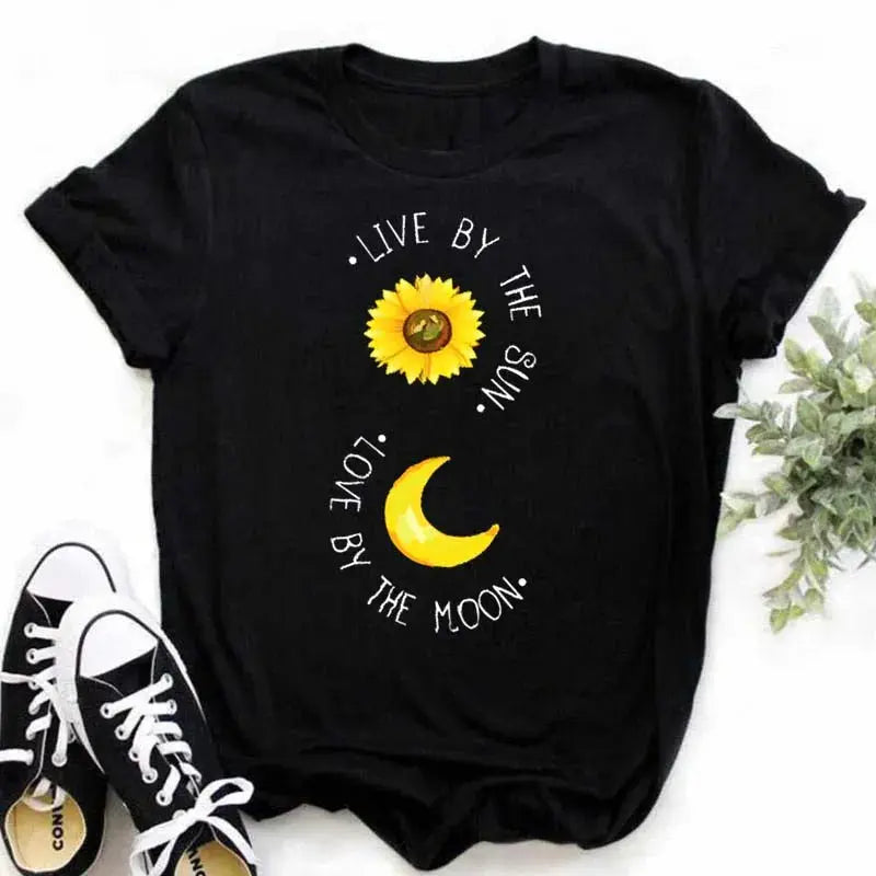 Maycaur Women's T-shirt Casual Kawaii Sunflower Butterfly Pattern Print Tshirt Comfortable Casual Women's Clothing Black Top - Suncollections