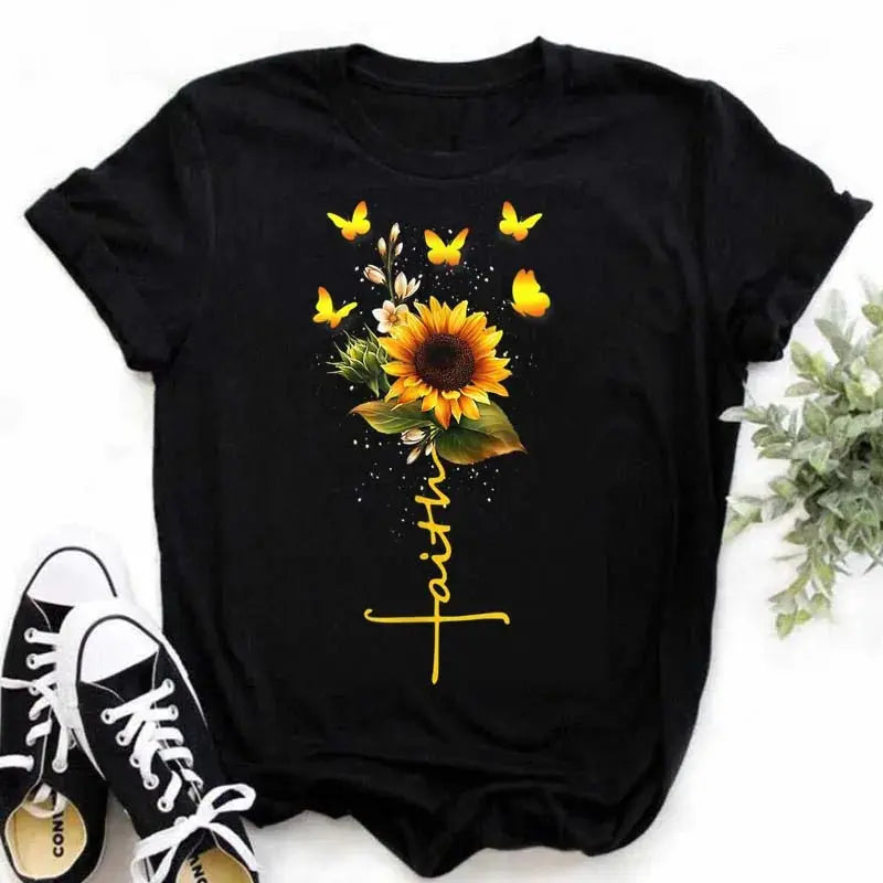Maycaur Women's T-shirt Casual Kawaii Sunflower Butterfly Pattern Print Tshirt Comfortable Casual Women's Clothing Black Top - Suncollections