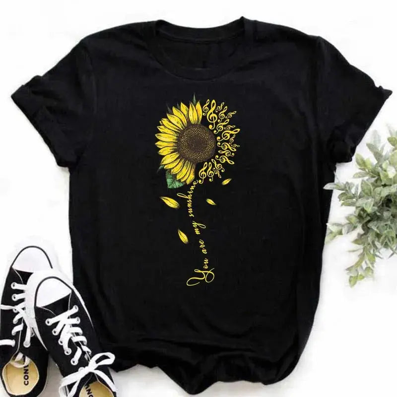 Maycaur Women's T-shirt Casual Kawaii Sunflower Butterfly Pattern Print Tshirt Comfortable Casual Women's Clothing Black Top - Suncollections