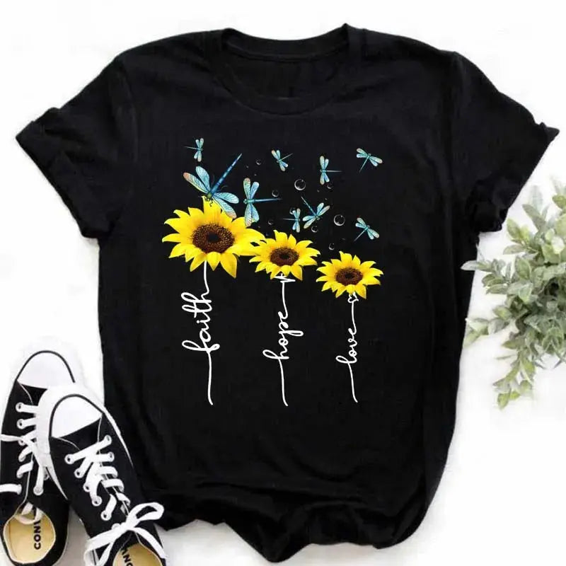 Maycaur Women's T-shirt Casual Kawaii Sunflower Butterfly Pattern Print Tshirt Comfortable Casual Women's Clothing Black Top - Suncollections