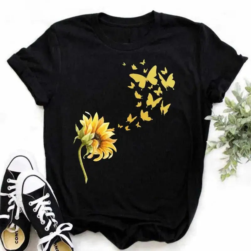 Maycaur Women's T-shirt Casual Kawaii Sunflower Butterfly Pattern Print Tshirt Comfortable Casual Women's Clothing Black Top - Suncollections