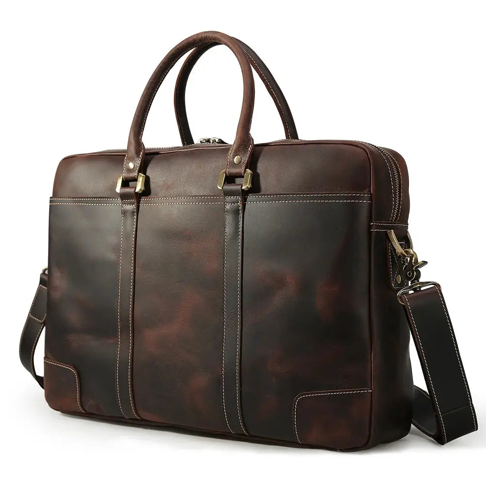 TIDING Dropshipping Men Crazy Horse Leather 15.6 Inch Laptop Bags Briefcase Genuine Leather Business Office Briefcase Bag - Suncollections