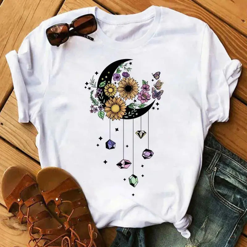 Maycaur Women's T-shirt Casual Kawaii Sunflower Butterfly Pattern Print Tshirt Comfortable Casual Women's Clothing Black Top - Suncollections