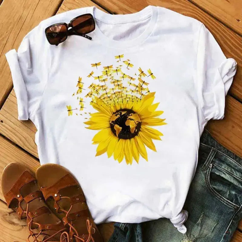 Maycaur Women's T-shirt Casual Kawaii Sunflower Butterfly Pattern Print Tshirt Comfortable Casual Women's Clothing Black Top - Suncollections