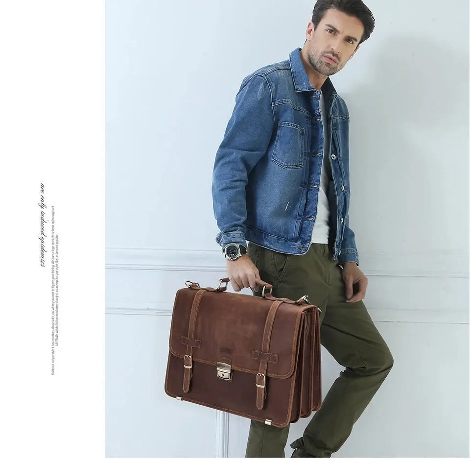 CONTACT'S Men's Bag Crazy Horse Leather Briefcase Men Business Bag for 14" Laptop Quality Leather Shoulder Messenger Bags Male - Suncollections