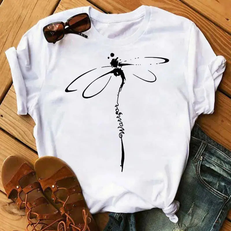 Maycaur Women's T-shirt Casual Kawaii Sunflower Butterfly Pattern Print Tshirt Comfortable Casual Women's Clothing Black Top - Suncollections