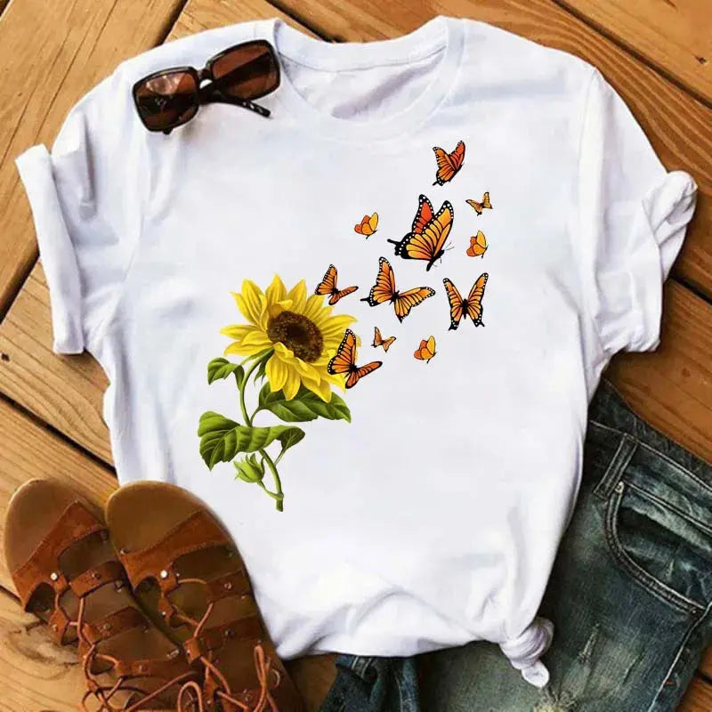 Maycaur Women's T-shirt Casual Kawaii Sunflower Butterfly Pattern Print Tshirt Comfortable Casual Women's Clothing Black Top - Suncollections