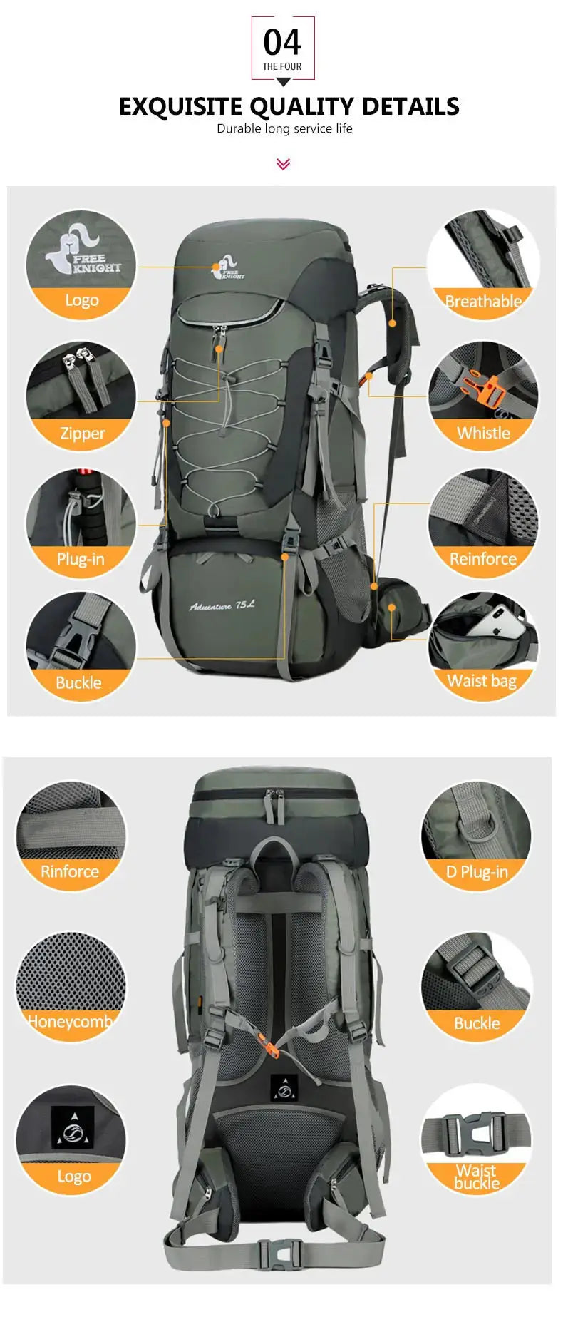 Camping Backpack Hiking Bag Sports Outdoor Bags For Men 75L Large With Rain Cover Travel Climbing Mountaineering Trekking Bag - Suncollections