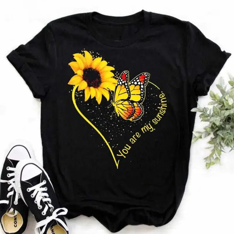 Maycaur Women's T-shirt Casual Kawaii Sunflower Butterfly Pattern Print Tshirt Comfortable Casual Women's Clothing Black Top - Suncollections