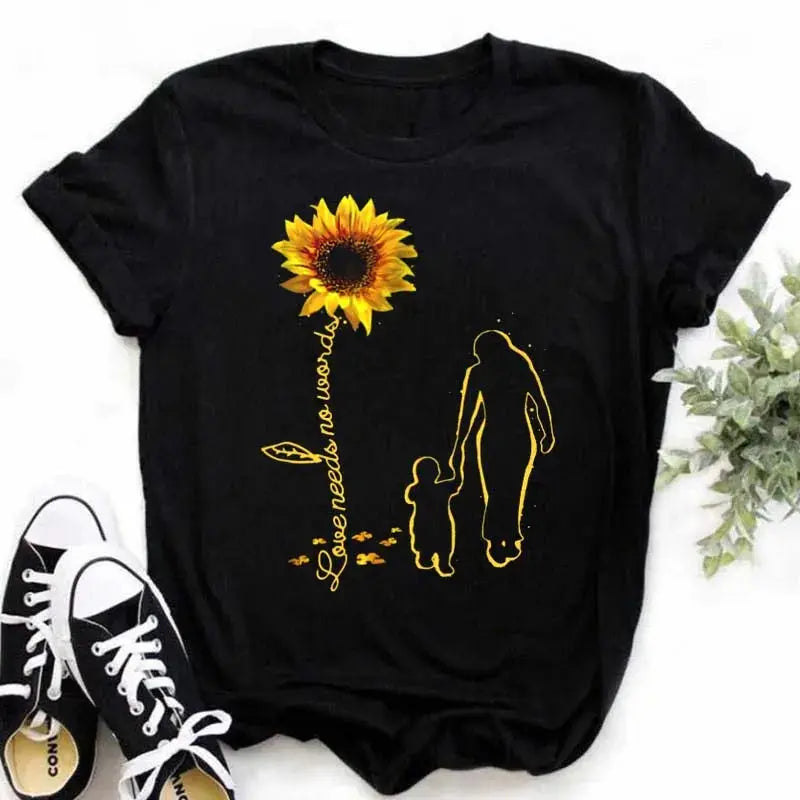 Maycaur Women's T-shirt Casual Kawaii Sunflower Butterfly Pattern Print Tshirt Comfortable Casual Women's Clothing Black Top - Suncollections