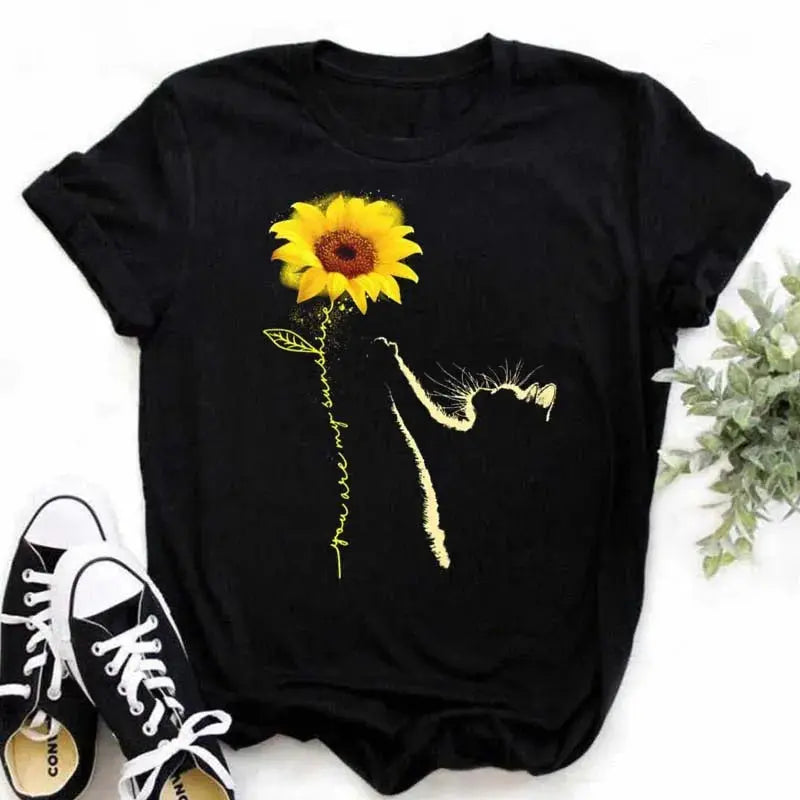 Maycaur Women's T-shirt Casual Kawaii Sunflower Butterfly Pattern Print Tshirt Comfortable Casual Women's Clothing Black Top - Suncollections
