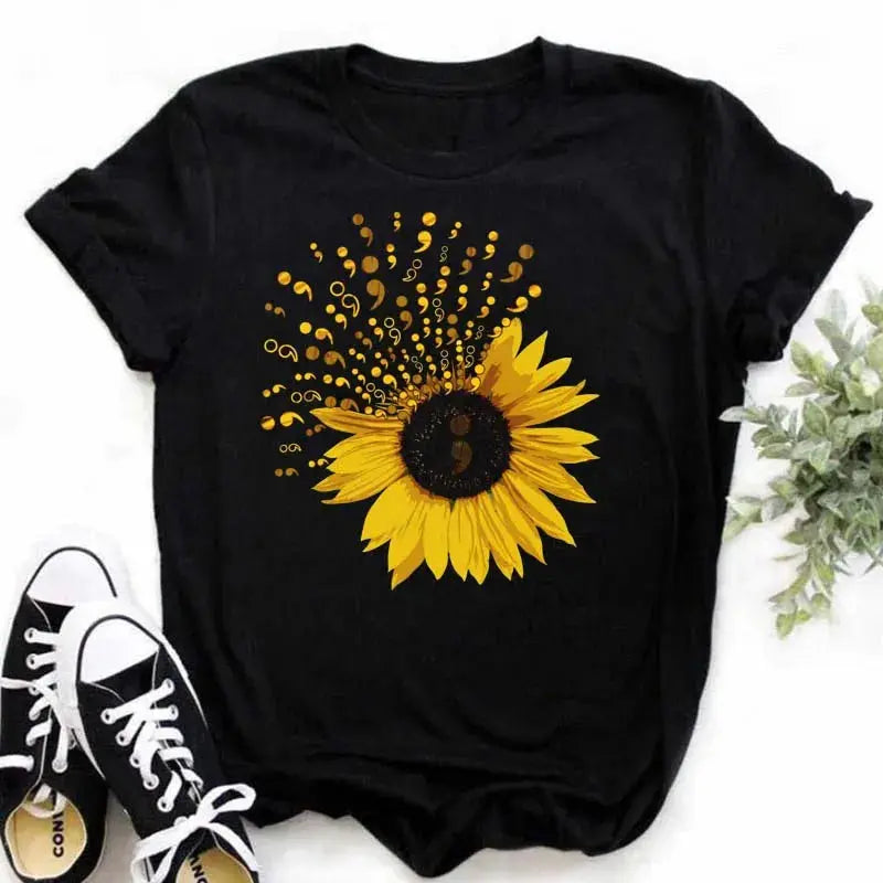 Maycaur Women's T-shirt Casual Kawaii Sunflower Butterfly Pattern Print Tshirt Comfortable Casual Women's Clothing Black Top - Suncollections