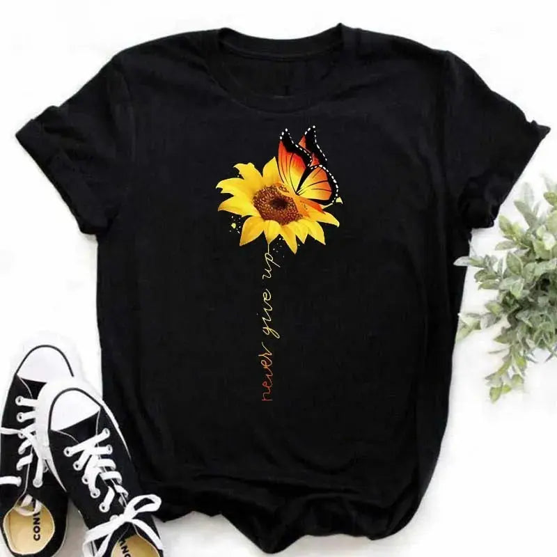 Maycaur Women's T-shirt Casual Kawaii Sunflower Butterfly Pattern Print Tshirt Comfortable Casual Women's Clothing Black Top - Suncollections