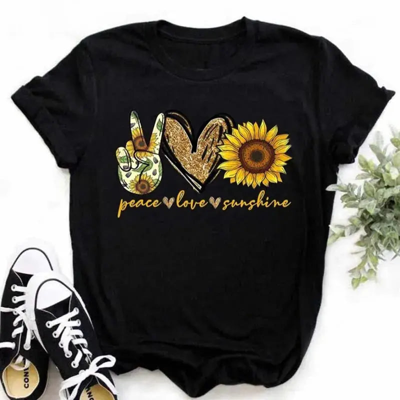 Maycaur Women's T-shirt Casual Kawaii Sunflower Butterfly Pattern Print Tshirt Comfortable Casual Women's Clothing Black Top - Suncollections