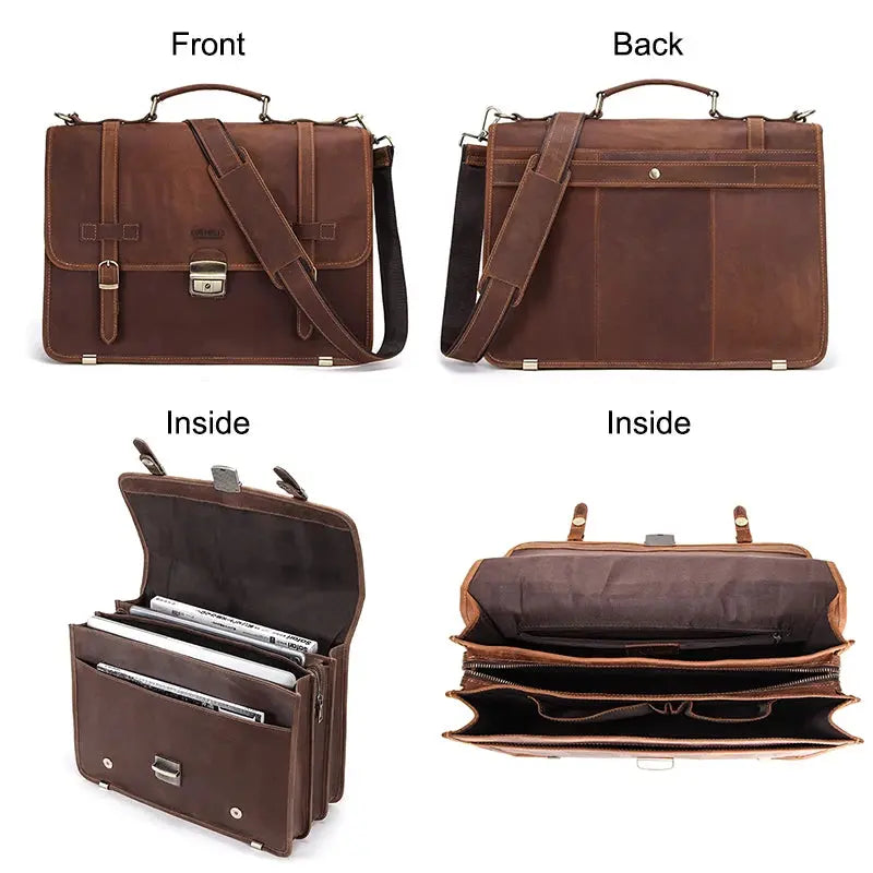 CONTACT'S Men's Bag Crazy Horse Leather Briefcase Men Business Bag for 14" Laptop Quality Leather Shoulder Messenger Bags Male - Suncollections