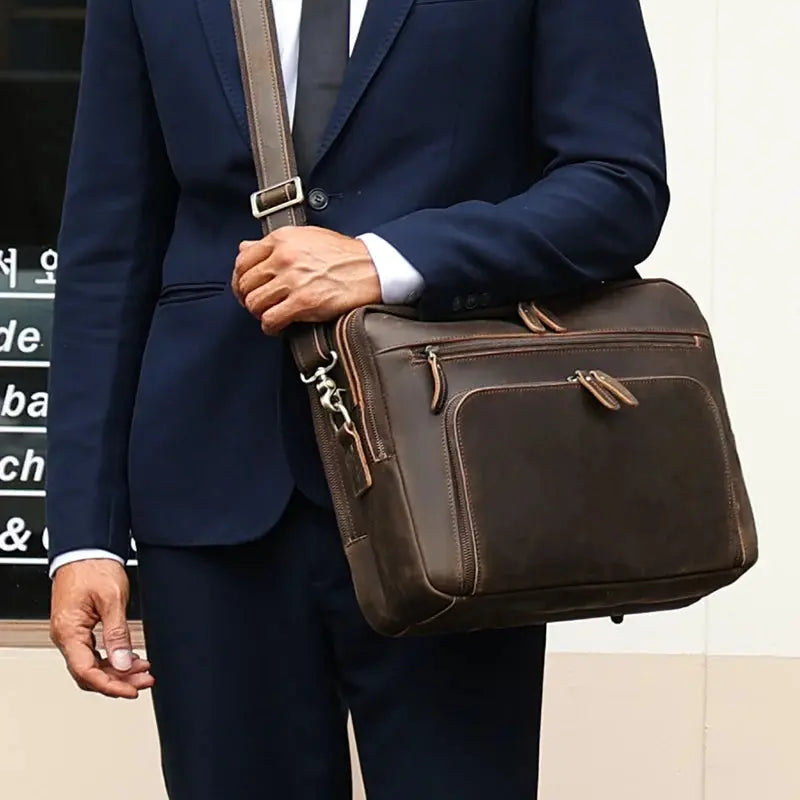TIDING Dropshipping Men Crazy Horse Leather 15.6 Inch Laptop Bags Briefcase Genuine Leather Business Office Briefcase Bag - Suncollections