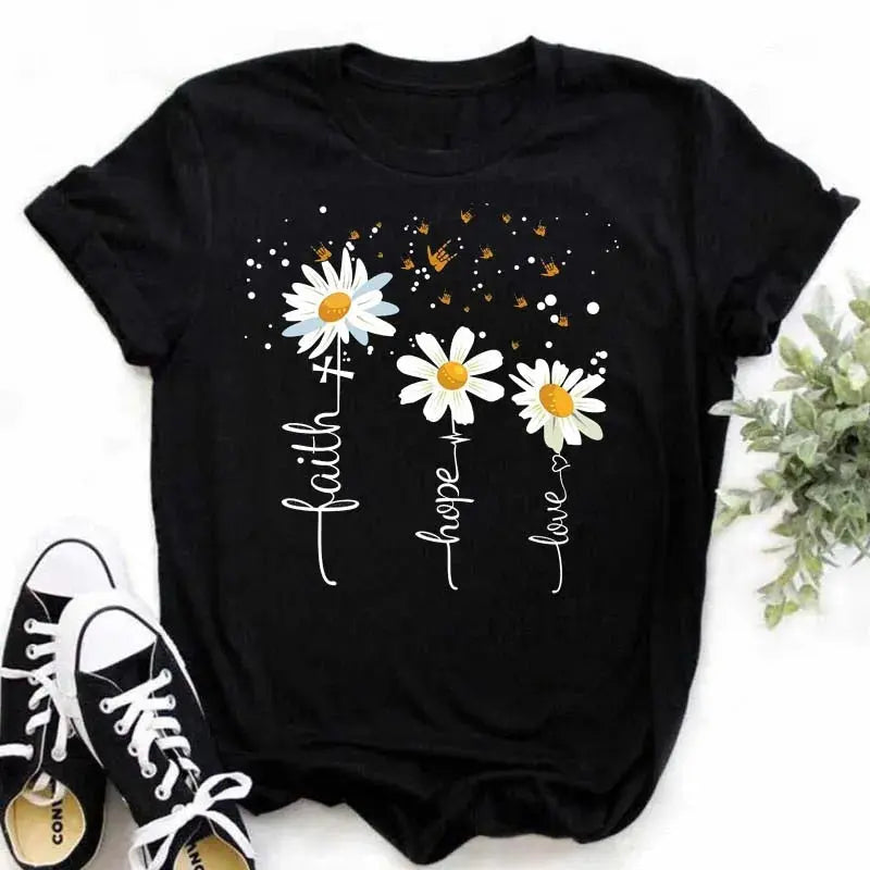 Maycaur Women's T-shirt Casual Kawaii Sunflower Butterfly Pattern Print Tshirt Comfortable Casual Women's Clothing Black Top - Suncollections