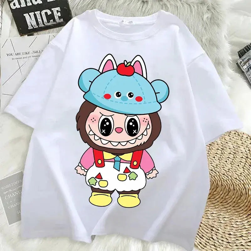 Pop Mart Labubu T-shirts for Women Anime Fashion Short Sleeved Top Summer Hip Hop Black White T-shirt High Quality Clothes - Suncollections