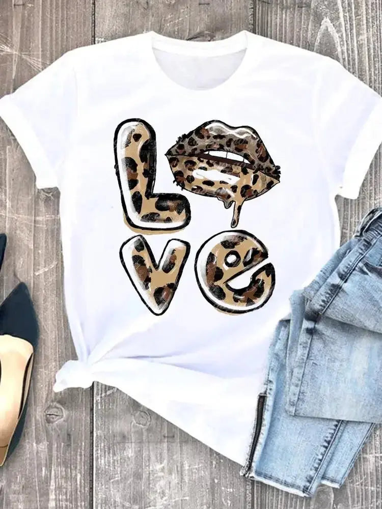 Summer leopard love heart t shirts sweet Fashion Women Tee T-shirts Casual Short Sleeve Regular Female Graphic T Shirt Clothes - Suncollections
