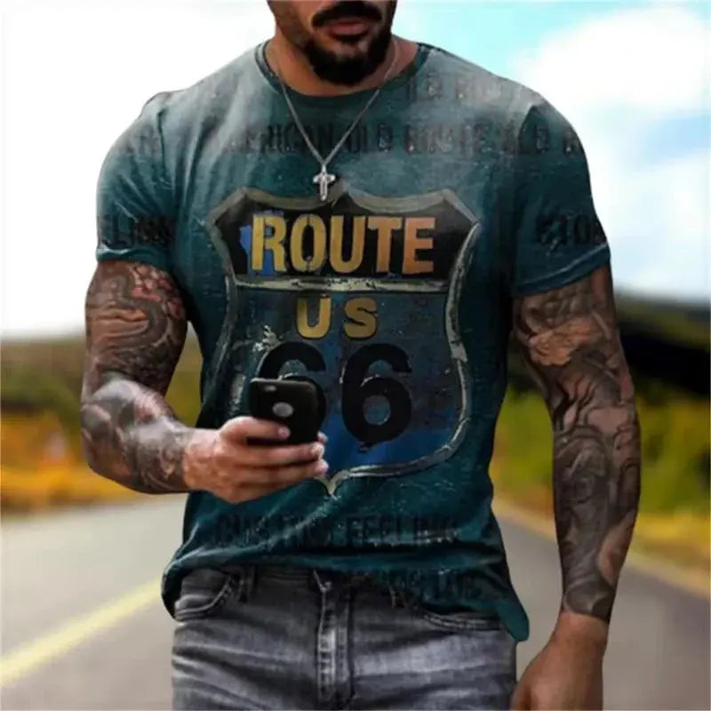 Newest Summer Mens Clothes Man 3d Printed Fashion Retro Short Sleeve Top Route 66 T Shirt Men Streetwear Short Sleeve T Shirt - Suncollections