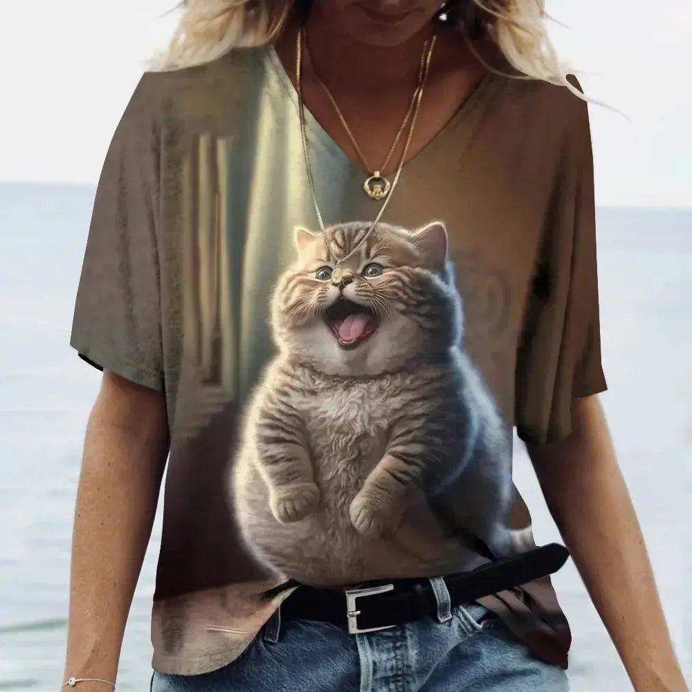Fashion Women's T-shirt Cat Printed Short Sleeve Female Harajuku Tees Ladies T Shirt Oversized V-neck Tops Animal Women Clothing - Suncollections