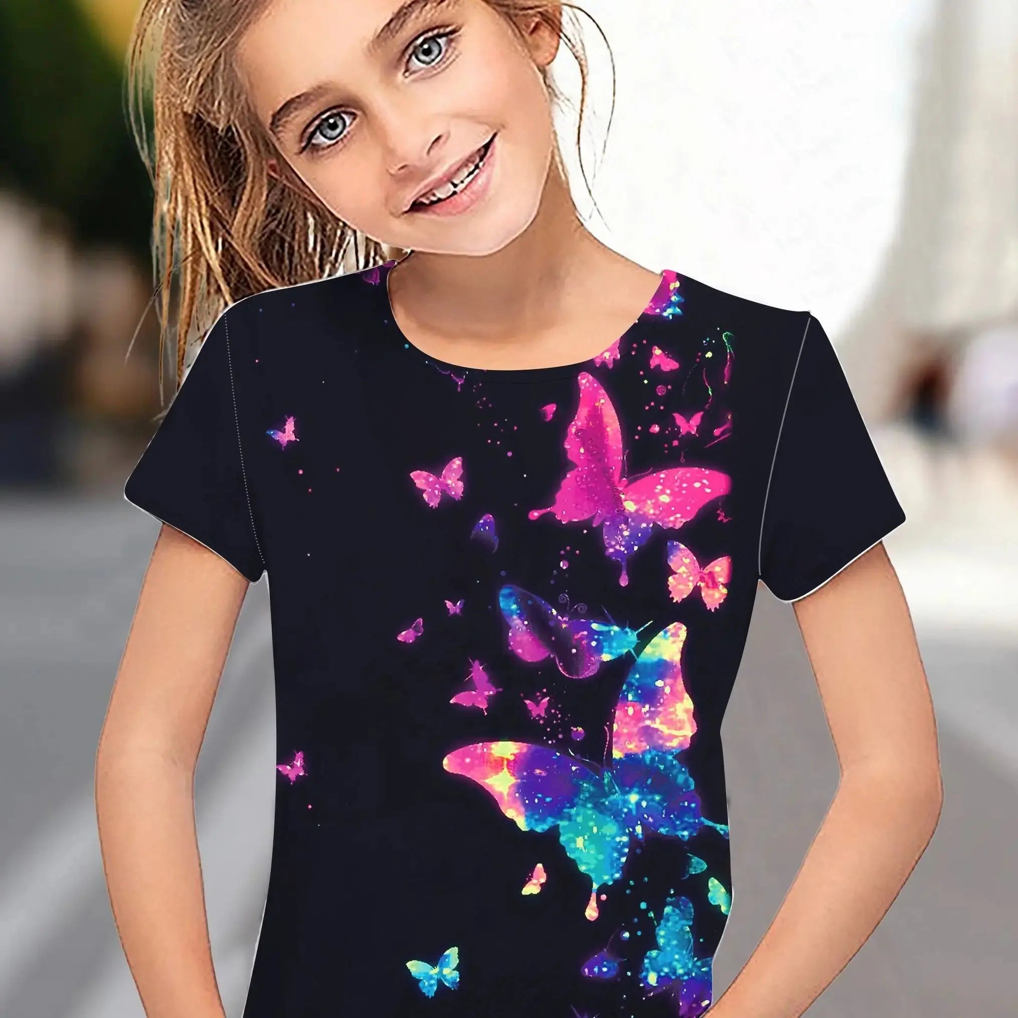 Children's Clothing Girl Clothes Short Sleeve Girl T-Shirt Prety Butterfly Print Kawaii Round Neck Girl Top Kids Summer Clothes - Suncollections
