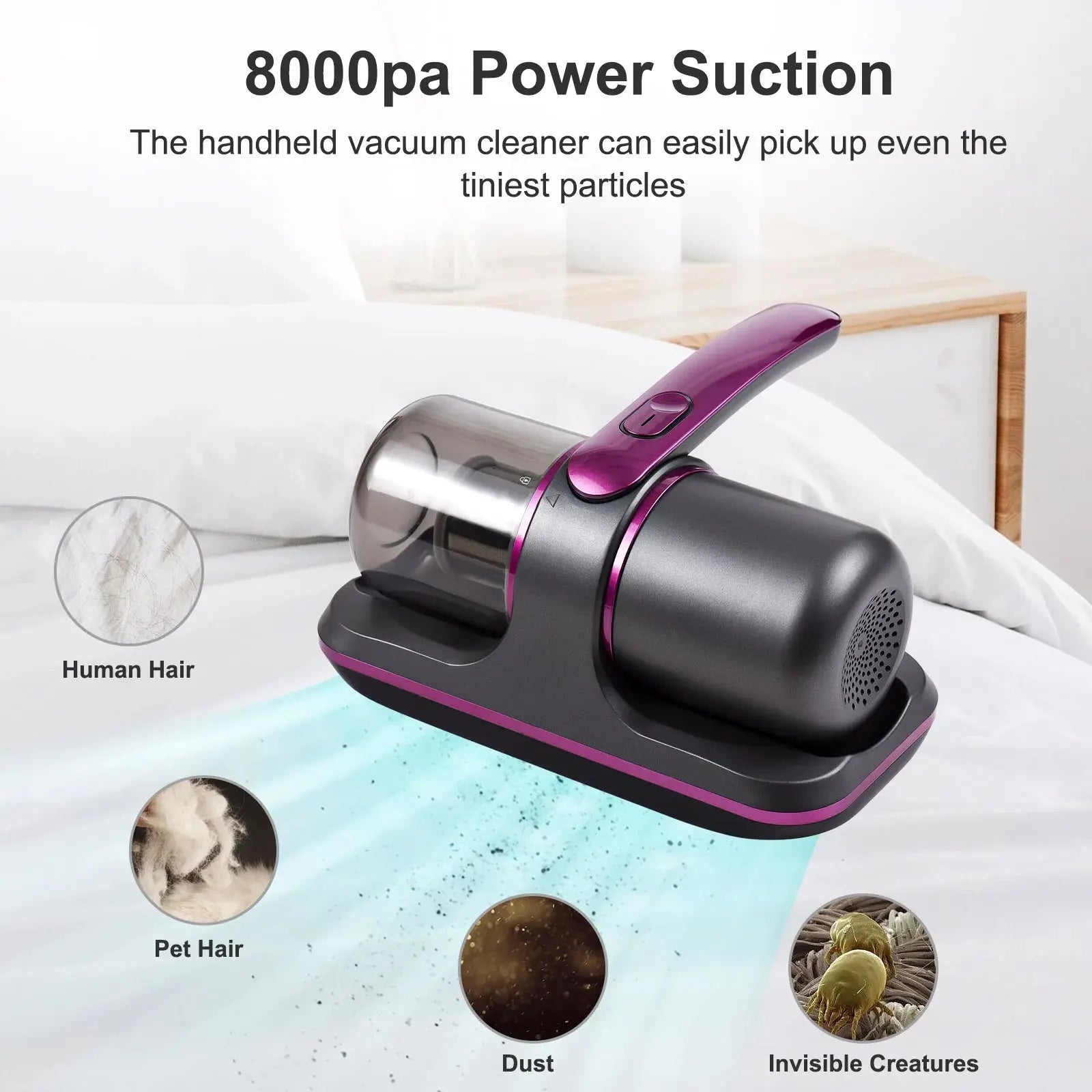 Compact Mattress Vacuum Cleaner 100W Handheld Cordless UV Bed Vacuum Cleaner 8000Pa Strong Suction 2 Speeds Adjustable for Clean Suncollections