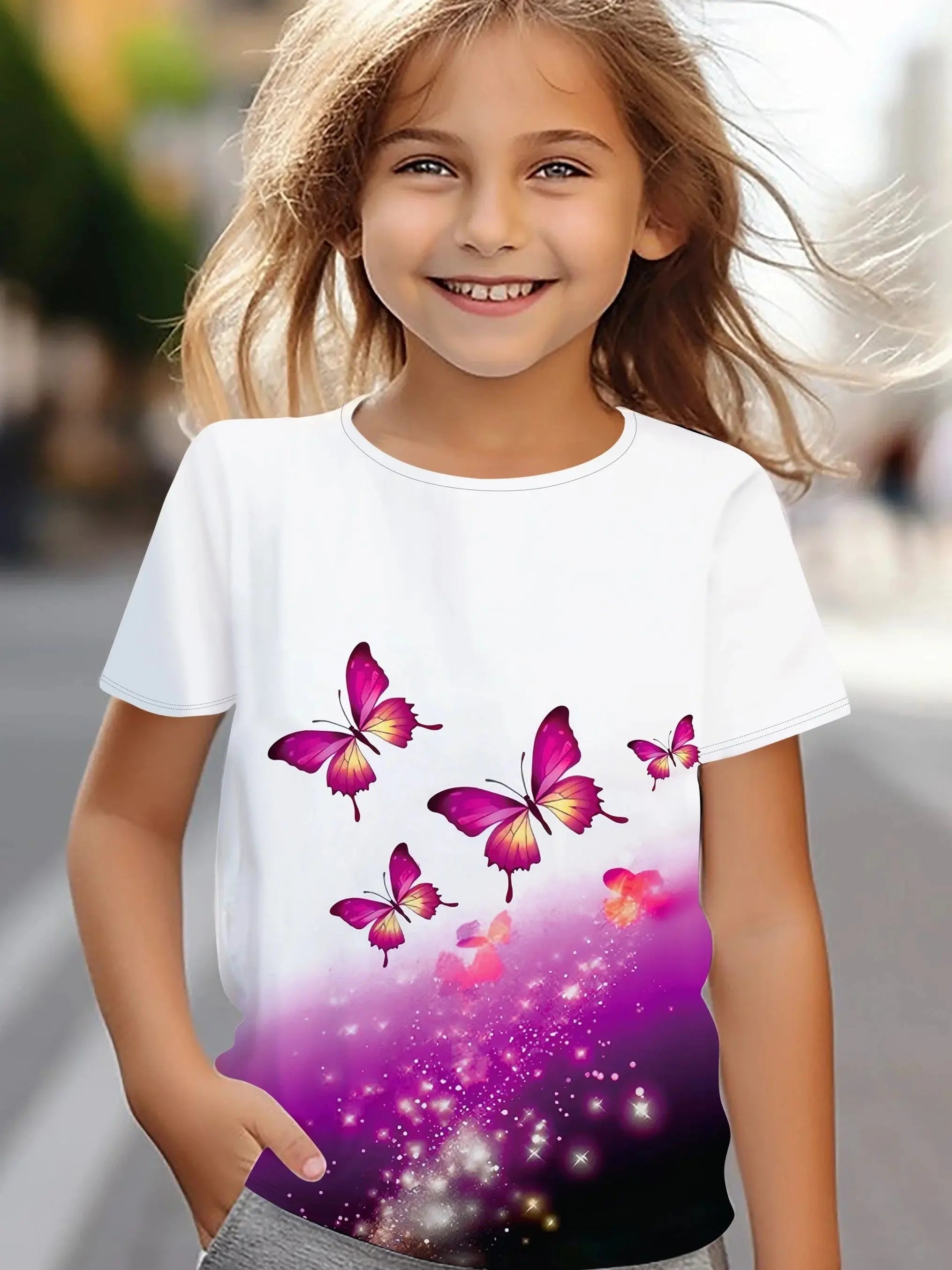 Children's Clothing Girl Clothes Short Sleeve Girl T-Shirt Prety Butterfly Print Kawaii Round Neck Girl Top Kids Summer Clothes - Suncollections