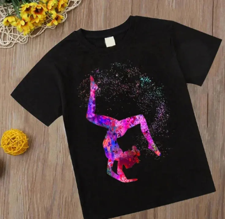 Watercolor Gymnastic Girl Print CuteChildren's T-Shirts Kids Black Tshirt GYM Excercise Sport Lover Birthday Gift Custom T Shirt - Suncollections