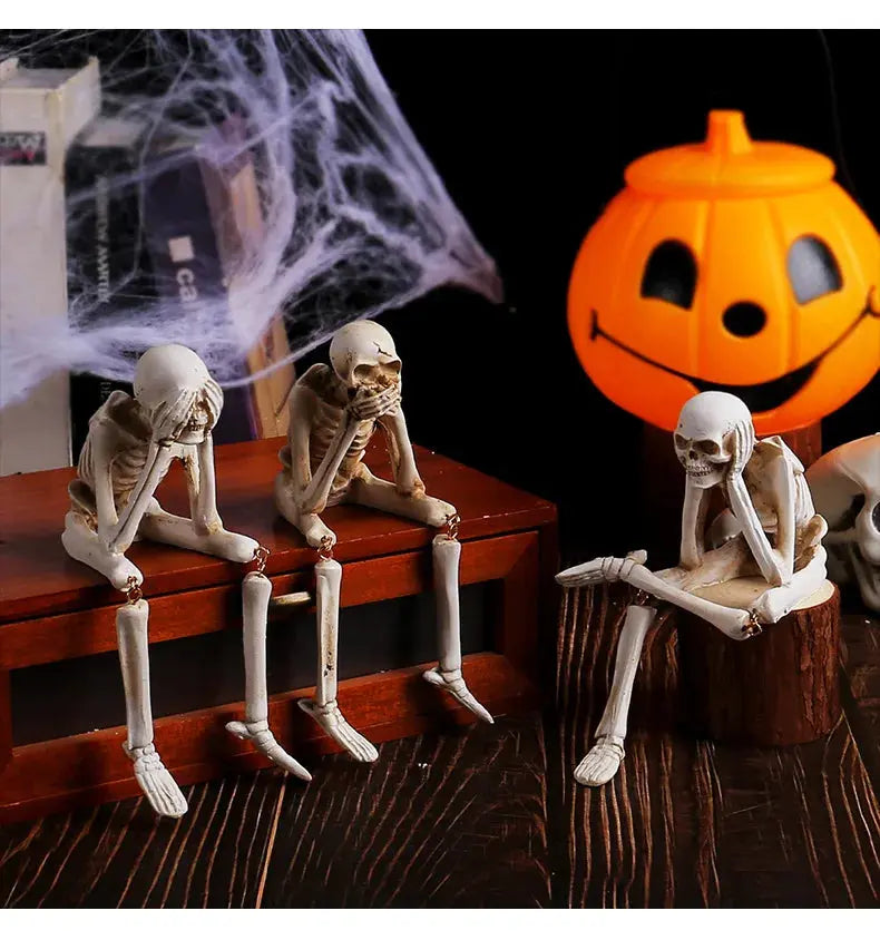 Halloween Statues Resin See Speak Hear No Evil Skeleton Figurines Resin Realistic Skull Decor for Bookshelf Table Edge Ornament Suncollections