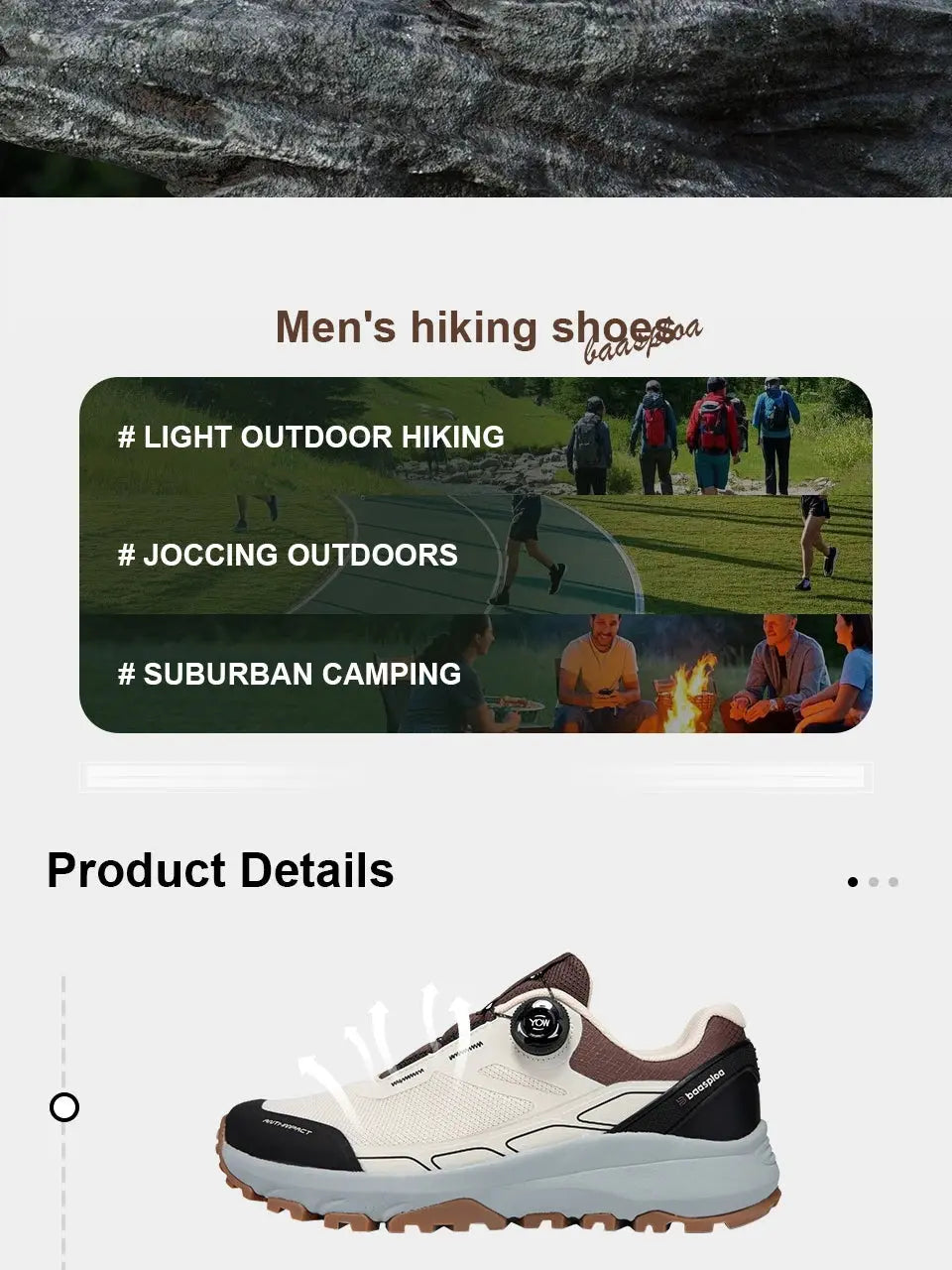 Baasploa New Men Outdoor Sneakers Mesh Breathable Rotating Button Hiking Shoes Male Comfort Rubber Sole Non-Slip Walking Shoes Suncollections