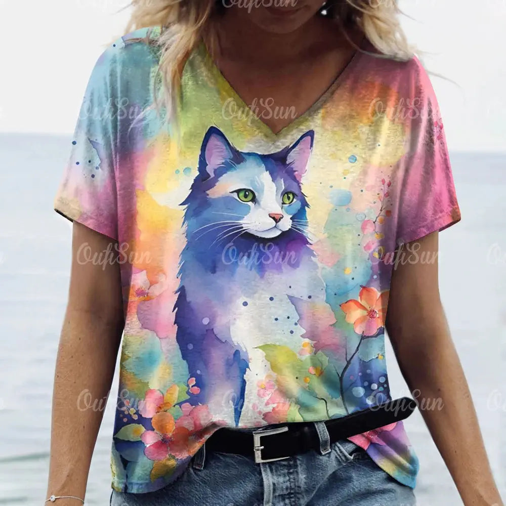 Summer Women's T Shirt Cat Print Casual Short Sleeve 3d T-Shirts Fashion Streetwear Crew Neck Pullover Female Oversized Clothing - Suncollections