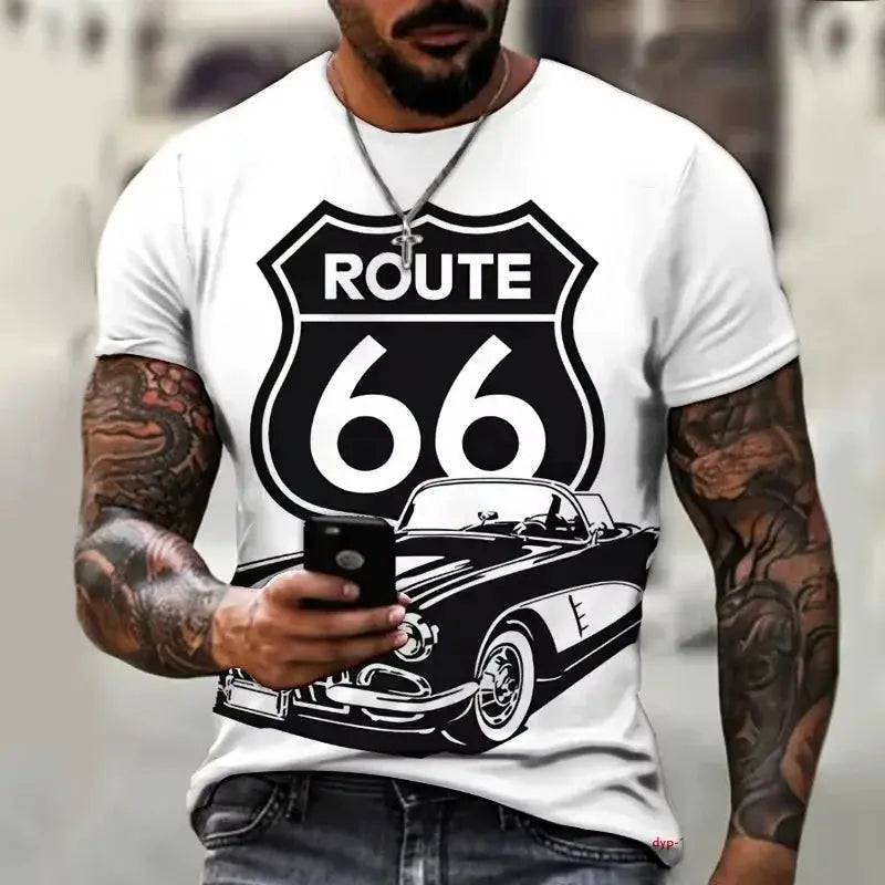 Newest Summer Mens Clothes Man 3d Printed Fashion Retro Short Sleeve Top Route 66 T Shirt Men Streetwear Short Sleeve T Shirt - Suncollections