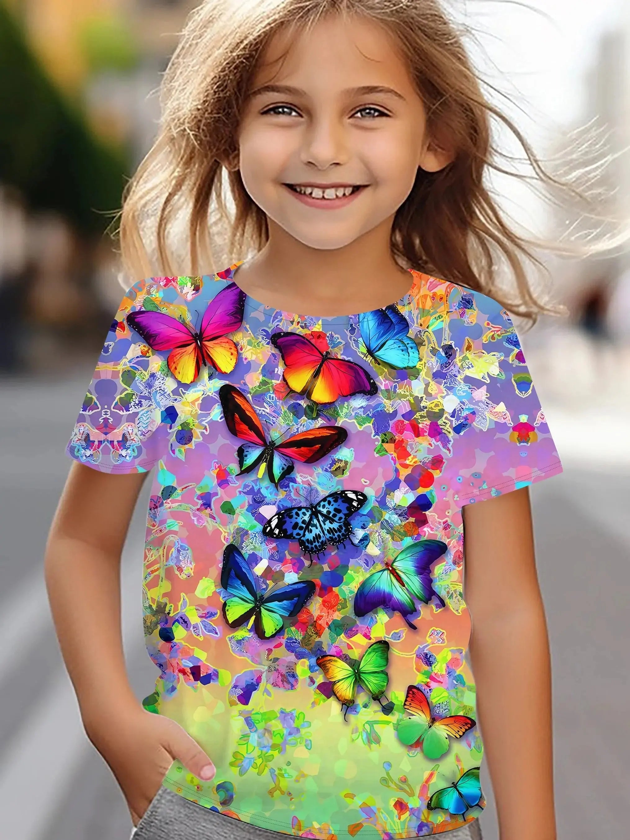 Children's Clothing Girl Clothes Short Sleeve Girl T-Shirt Prety Butterfly Print Kawaii Round Neck Girl Top Kids Summer Clothes - Suncollections