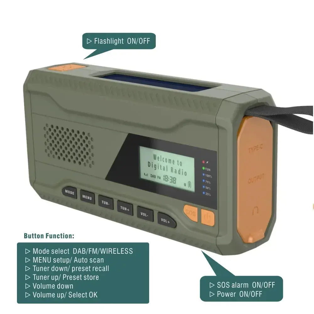 DAB/FM Bluetooth Emergency Radio Portable Solar Radio Receiver Hand Crank Dynamo Outdoor Radio Camping Speaker with Flashlight - Suncollections
