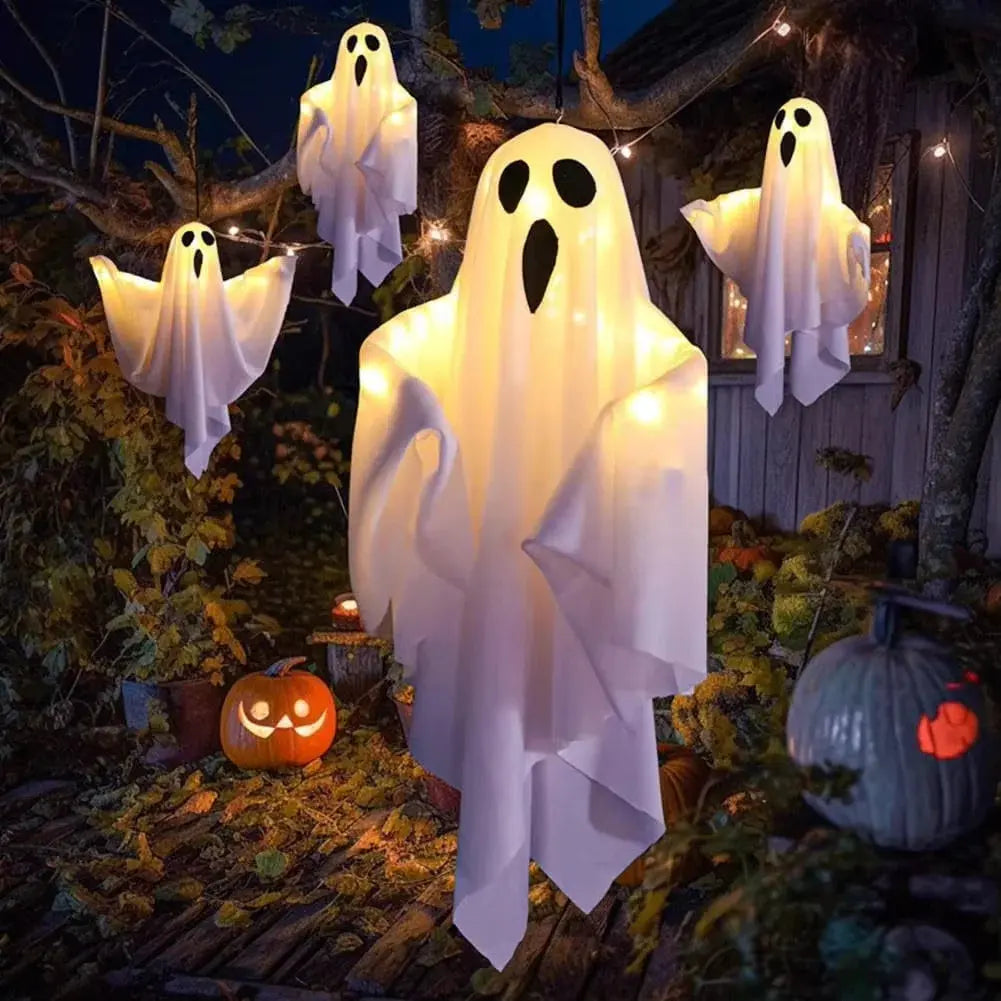 Halloween Glowing White Ghost LED Hanging Ghosts Horror Props with Fairy Light Indoor Outdoor Haunted House Halloween Decoration Suncollections