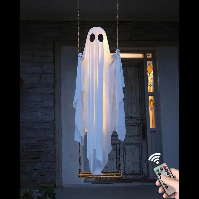 Outdoor Large Hanging Swing Ghost Halloween Decoration With String Lights Ghost Cute Ghost Decoration Front Porch Courtyard Tree Suncollections