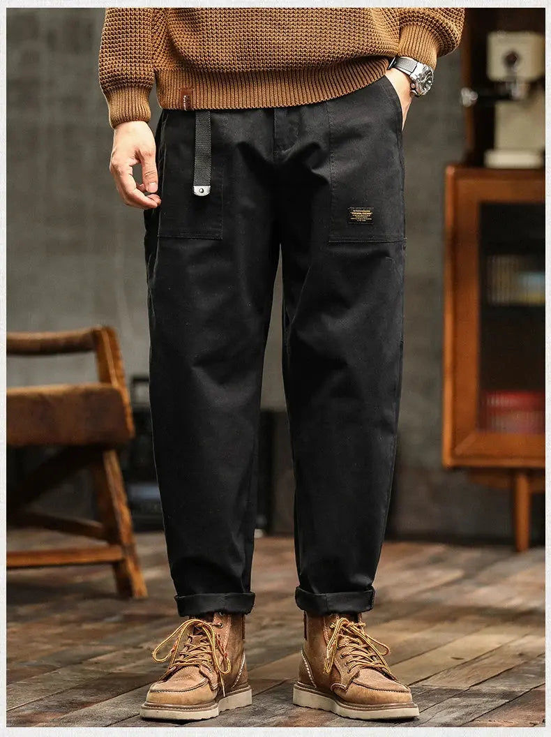 HIQOR Mens Clothing Spring Autumn Cargo Pants Man Cotton Casual Loose Trouser Belt Mid Waist Joggers Male Straight Baggy Pants Suncollections